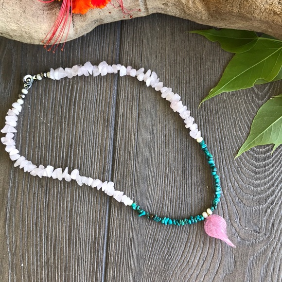 🌿Handmade Turquoise Blown Glass Rock Necklace🌿 - Picture 3 of 6